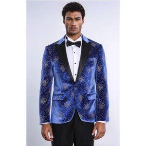Dot Patterned Peak Lapel Royal Blue Men's Singer Performance Blazer - Wessi 50